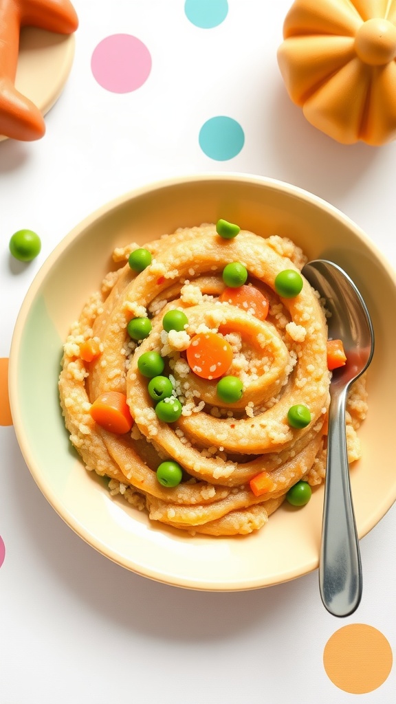 Nutritious quinoa and vegetable mash for babies in a colorful bowl.